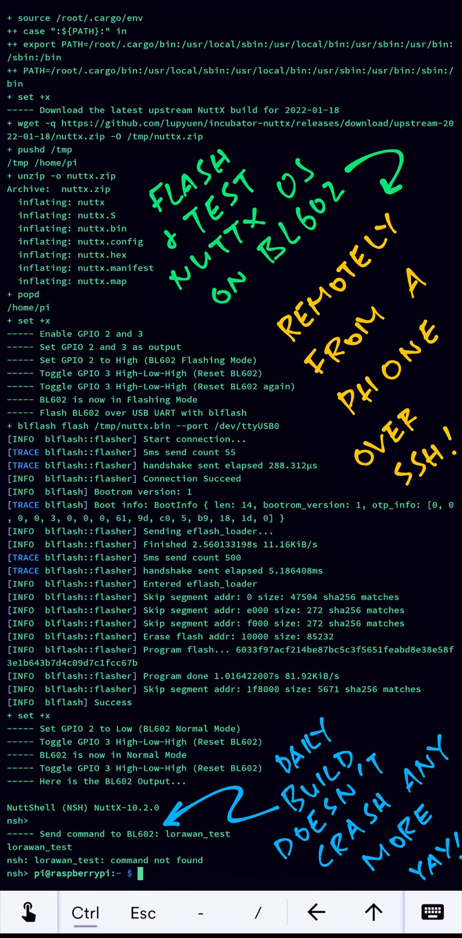 Flash & Test NuttX on BL602… Remotely from a Phone!