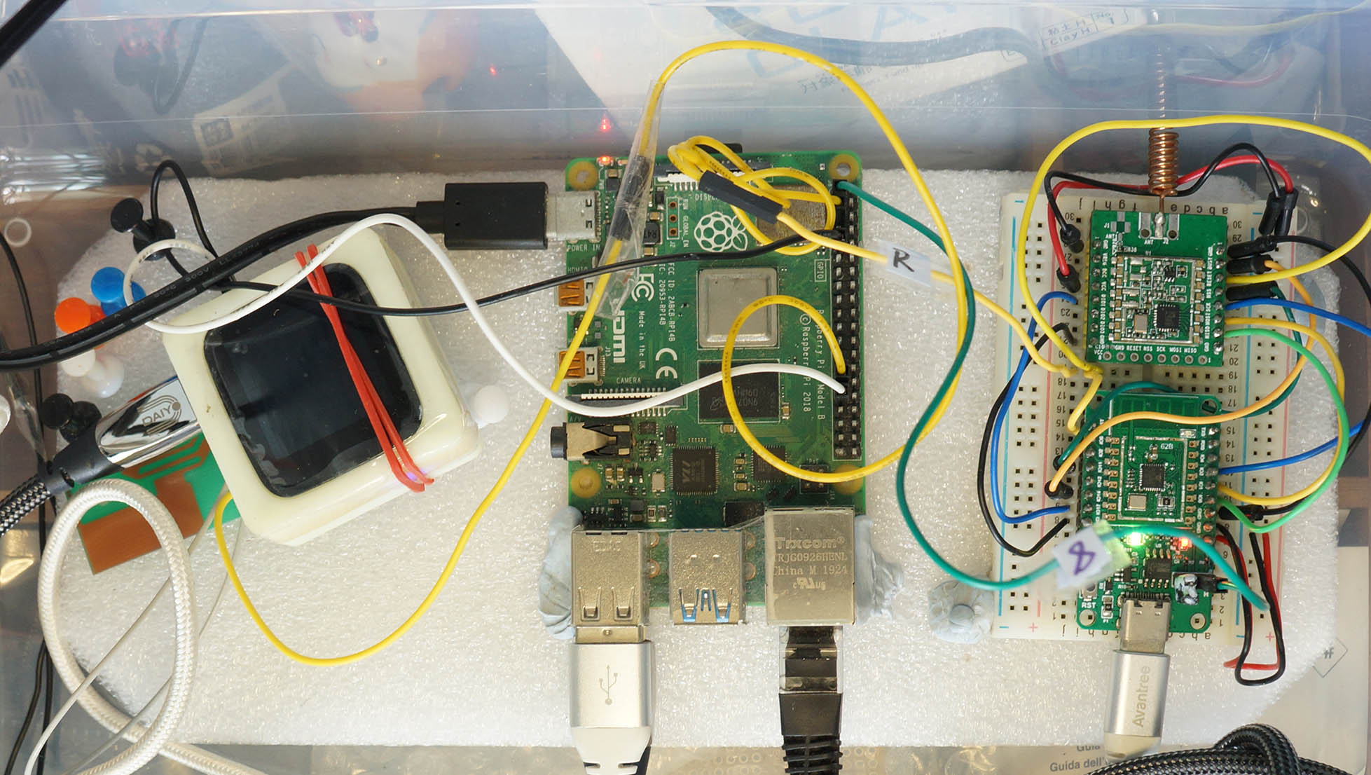 PineDio Stack BL604 (left, with unglam rubber band) and PineCone BL602 (right) connected to Single-Board Computer for Automated Testing