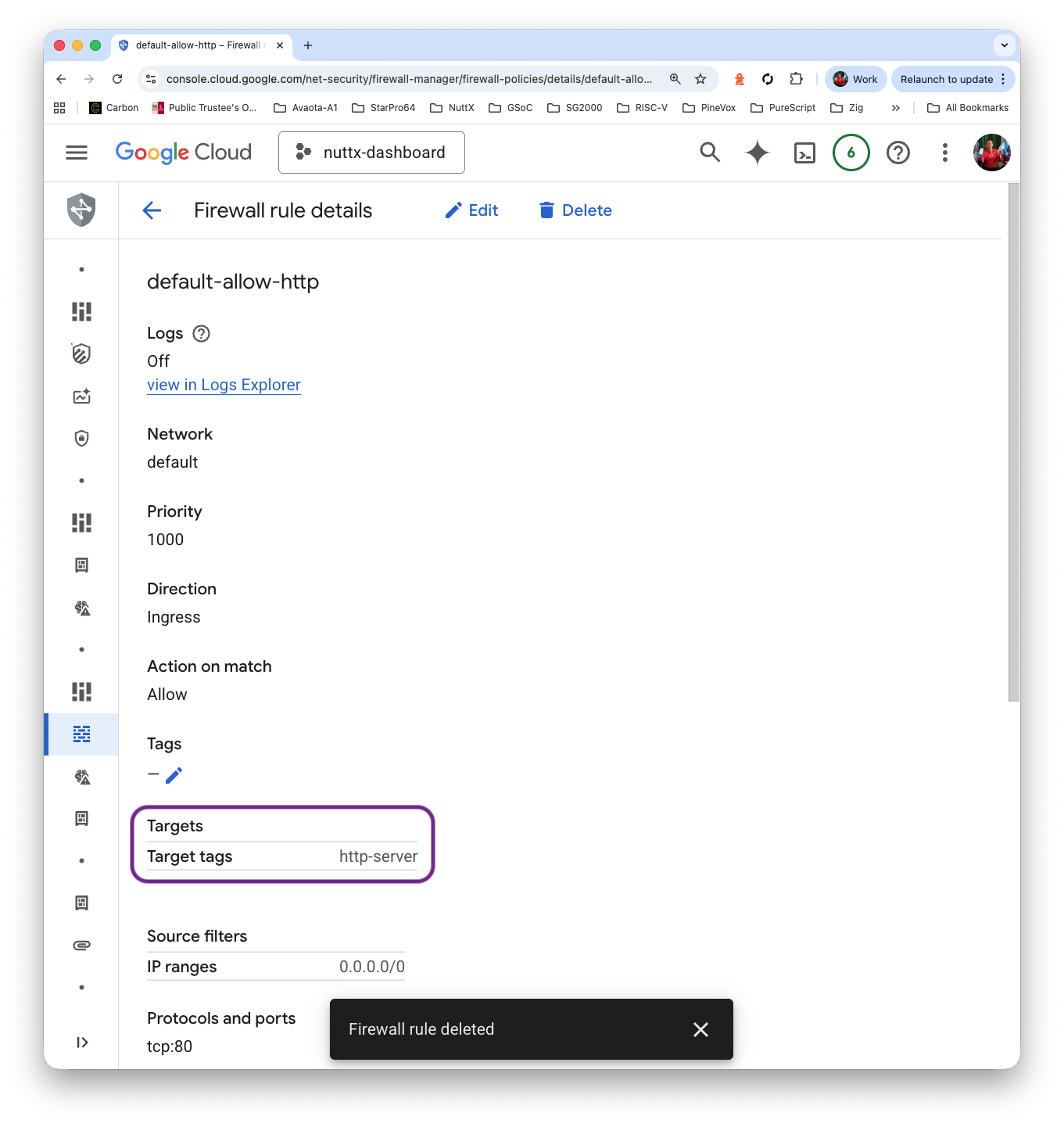 Default Firewall Rule “default-allow-http” allows incoming TCP Port 80, whenever the Target Tag matches “http-server”