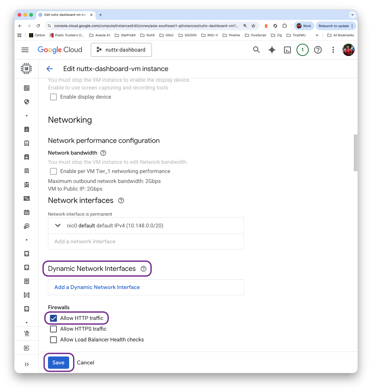 VM > Edit > Dynamic Network Interfaces > Allow HTTP traffic
