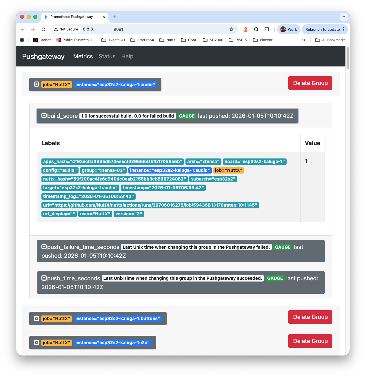 Prometheus Pushgateway shows NuttX Build Logs