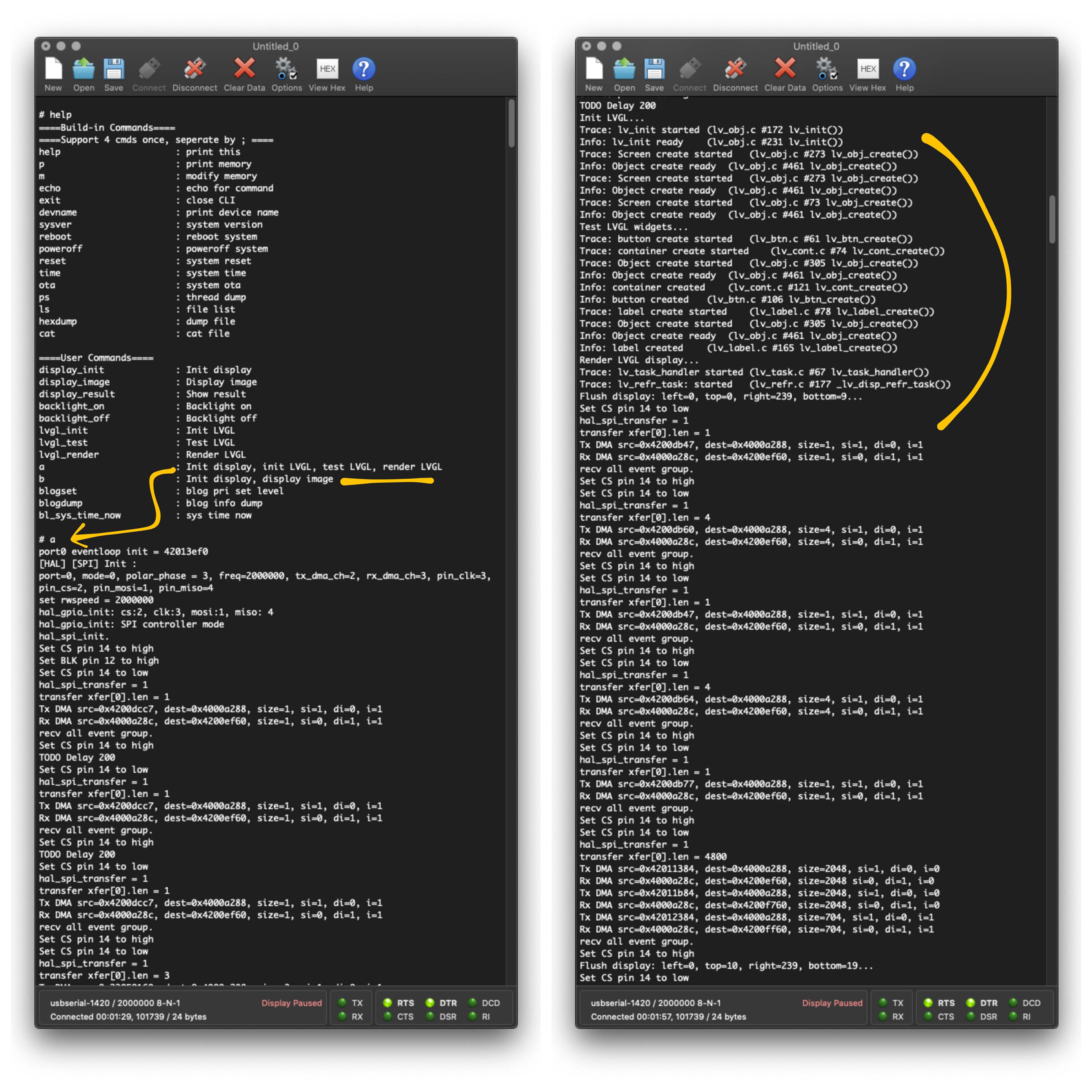 LVGL demo firmware running on CoolTerm