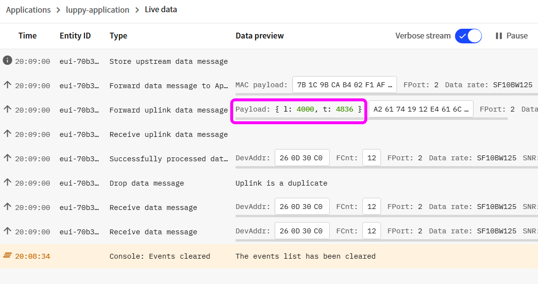 Decoded Sensor Data in the Live Data Table