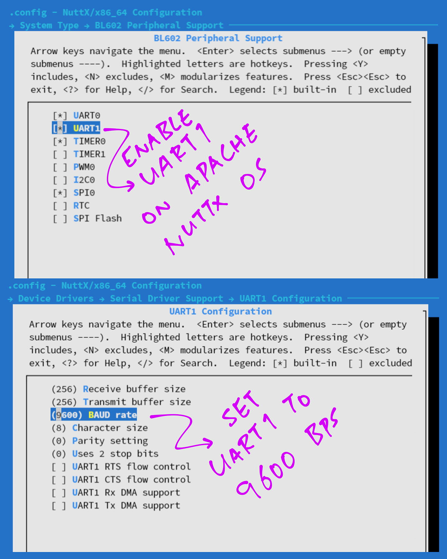 Enable UART1 and set to 9,600 bps