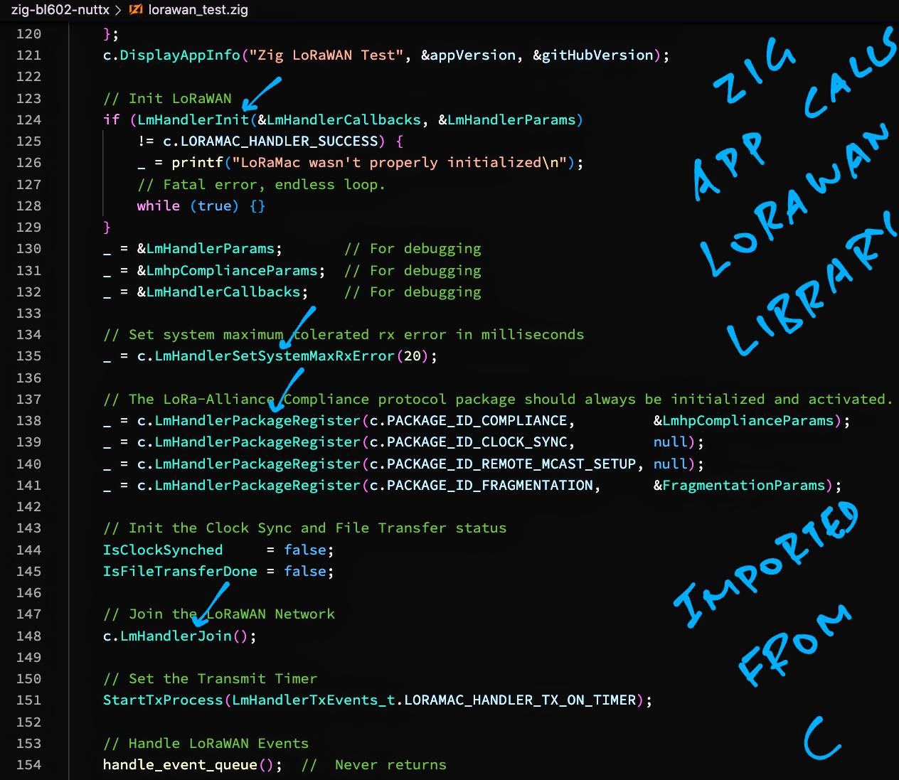 Zig App calls LoRaWAN Library imported from C