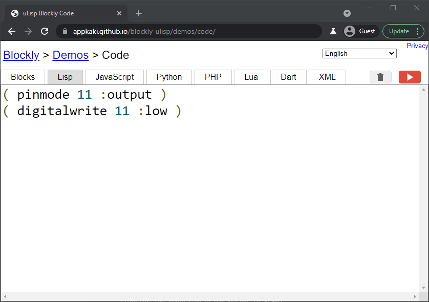 Blockly Web Editor: uLisp code for Digital Write