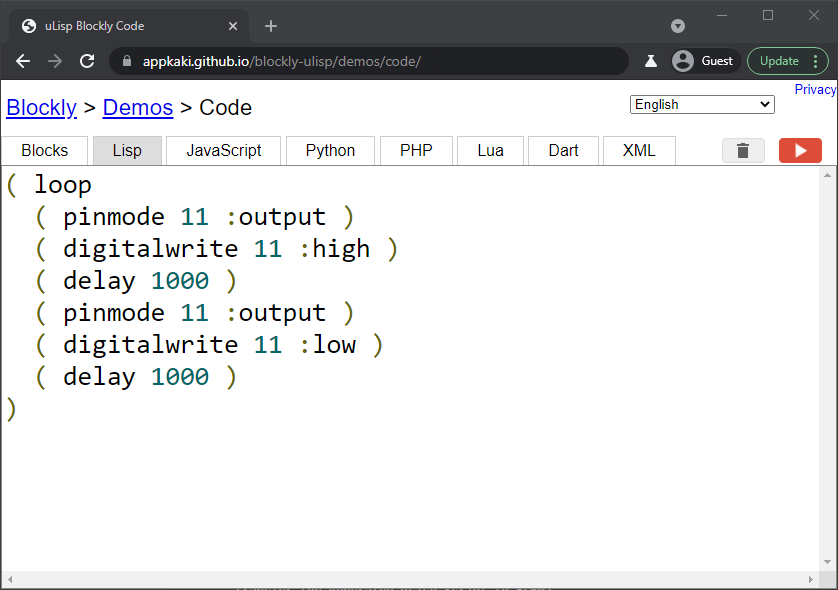 Blockly Web Editor: uLisp code for Blinky