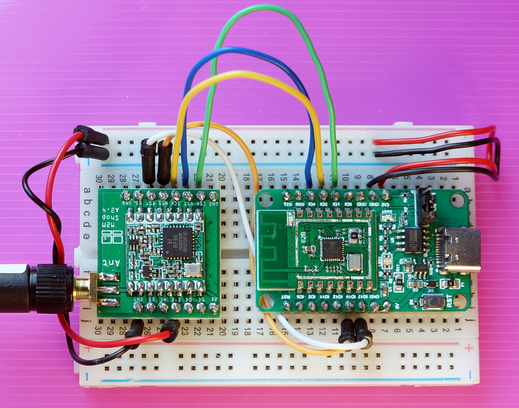 PineCone BL602 RISC-V Board connected to Hope RF96 LoRa Transceiver