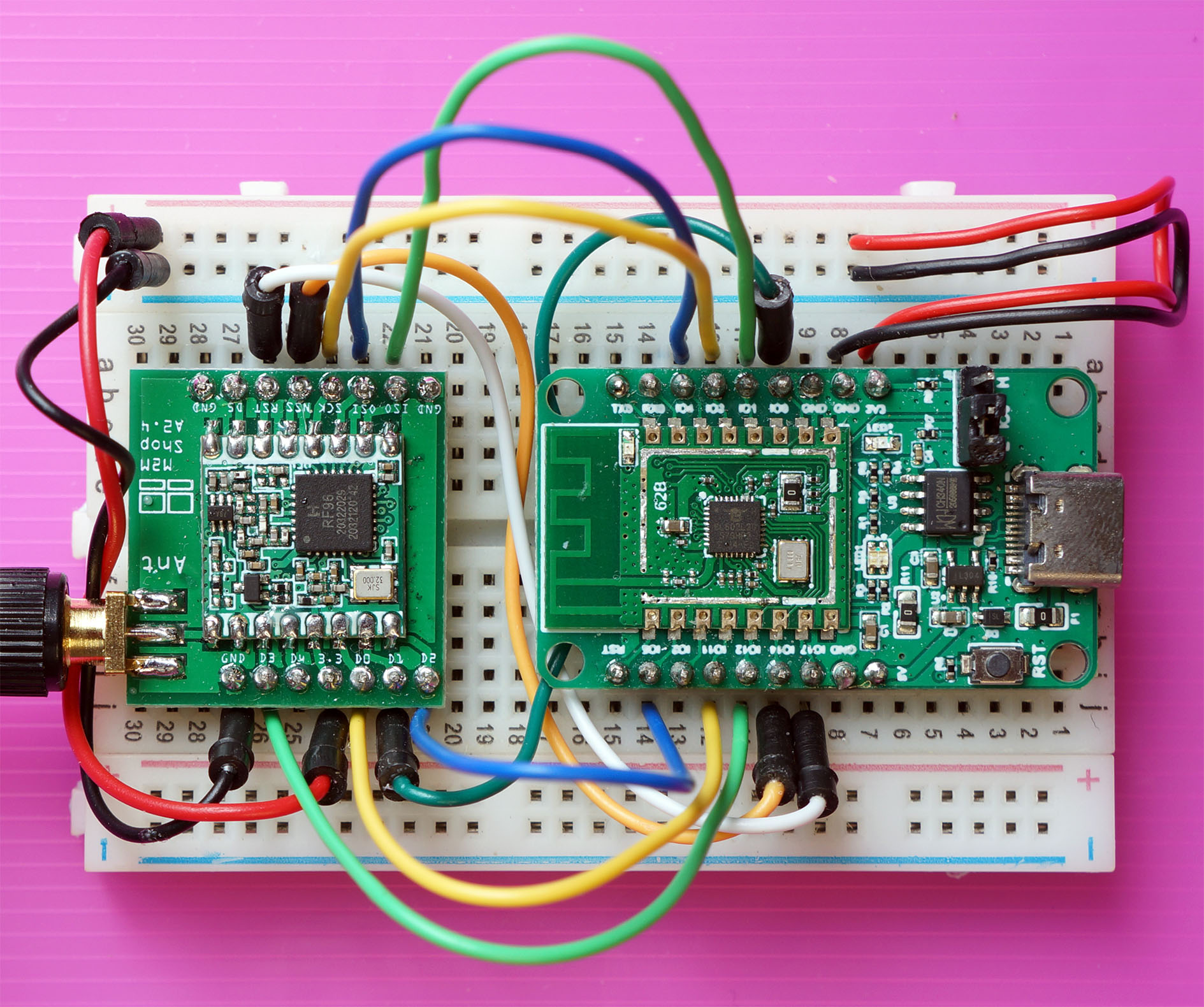 PineCone BL602 RISC-V Board connected to Hope RF96 LoRa Transceiver