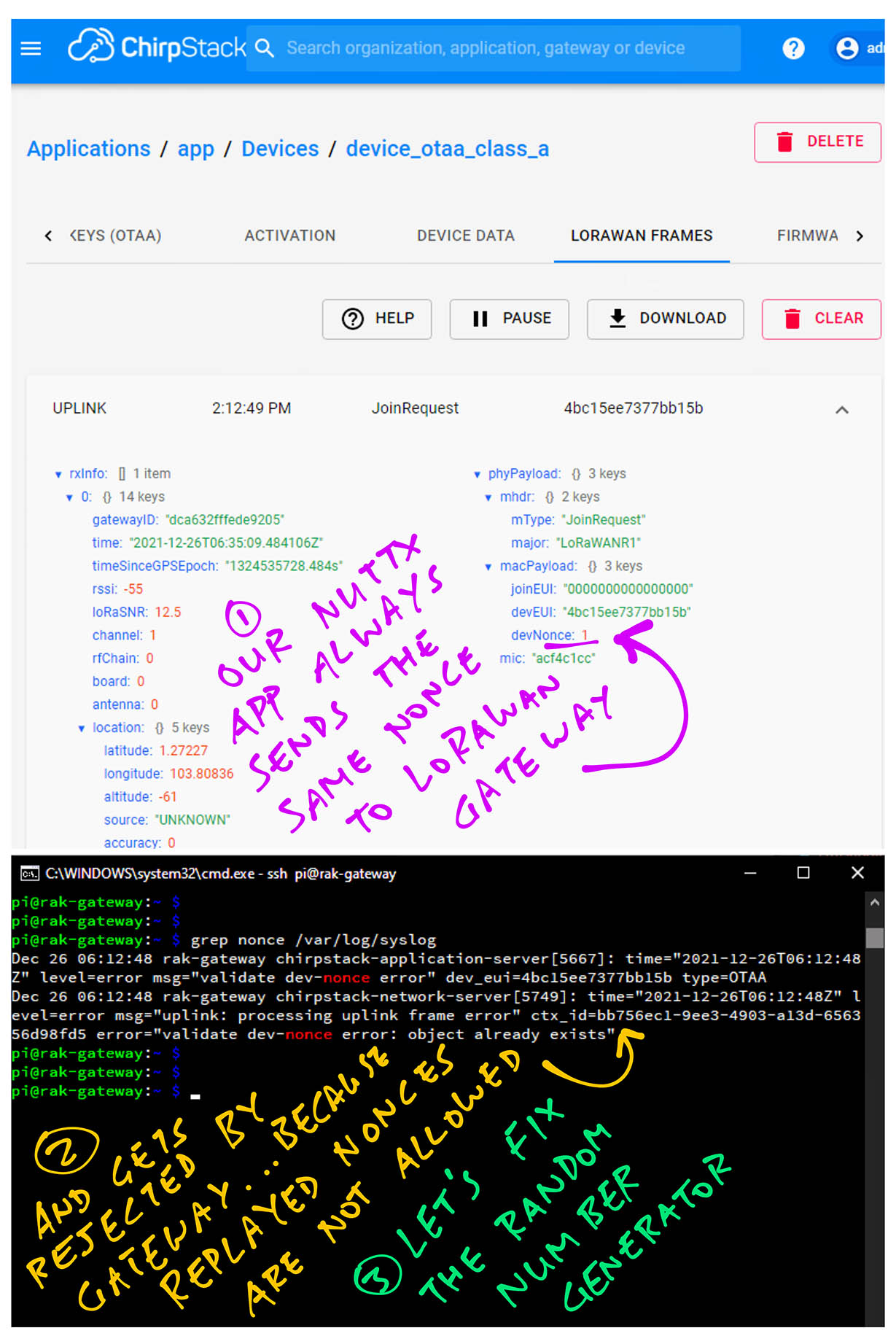 Repeated Nonces are rejected by LoRaWAN Gateway