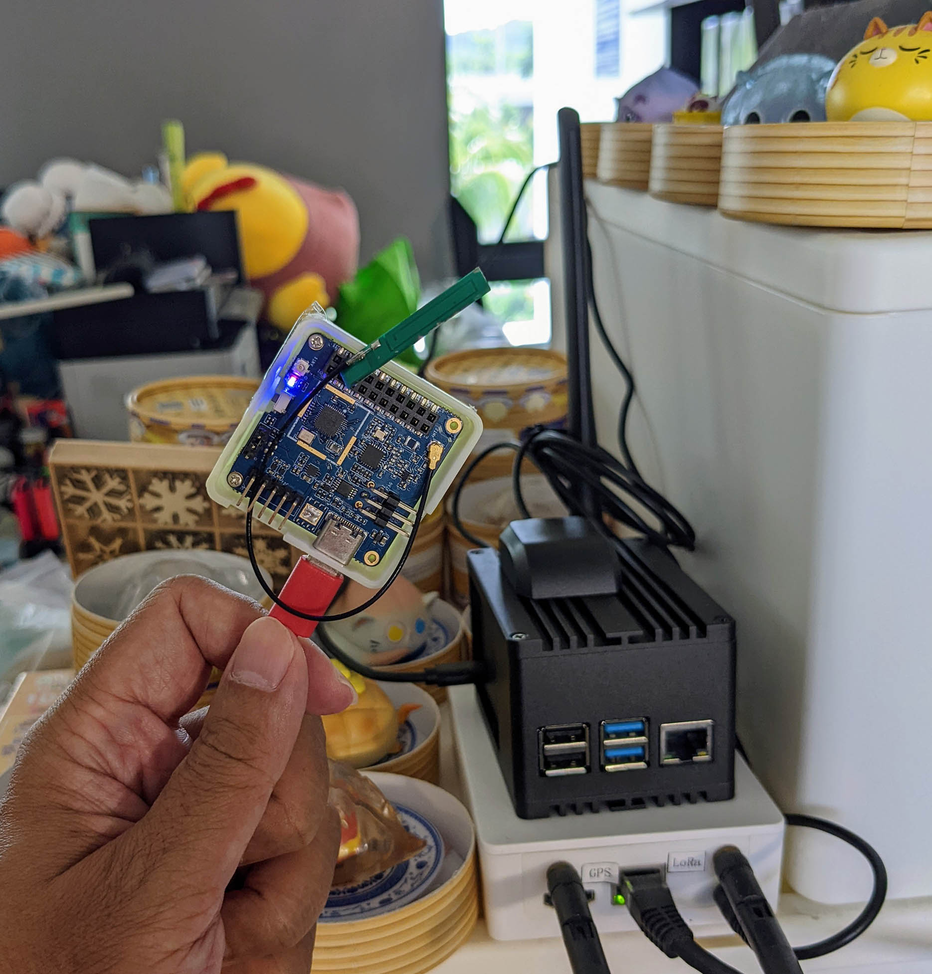 PineDio Stack BL604 RISC-V Board (left) talking LoRaWAN to RAKwireless WisGate LoRaWAN Gateway (right)