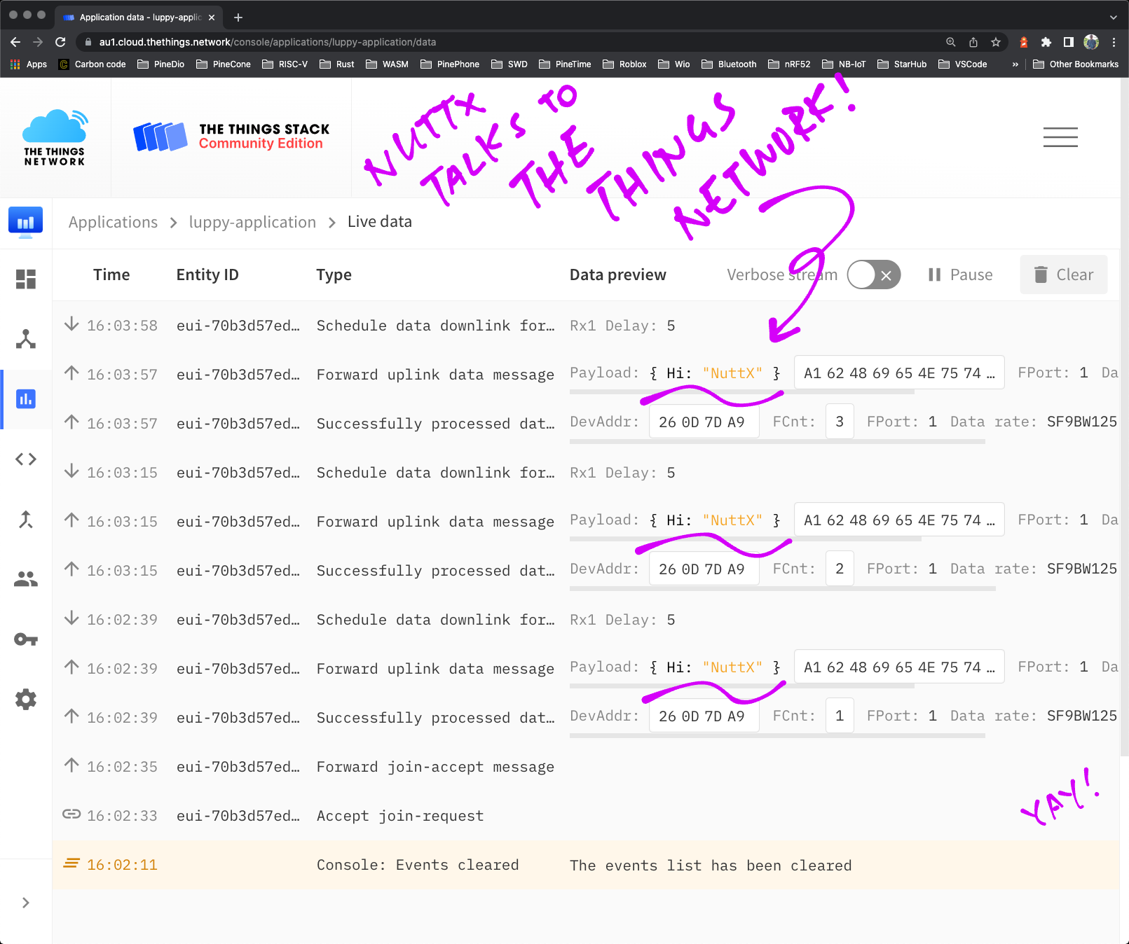 NuttX transmits a CBOR Payload to The Things Network Over LoRaWAN