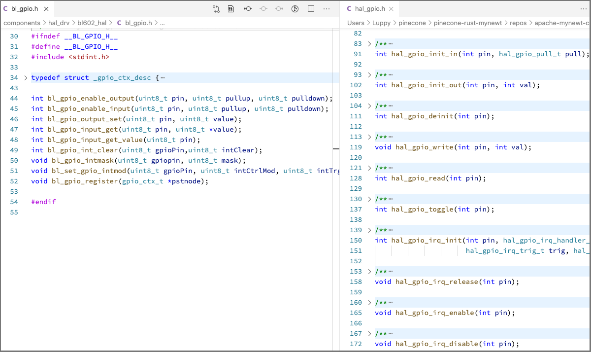 BL602 GPIO SDK (left) vs Mynewt GPIO HAL (right)