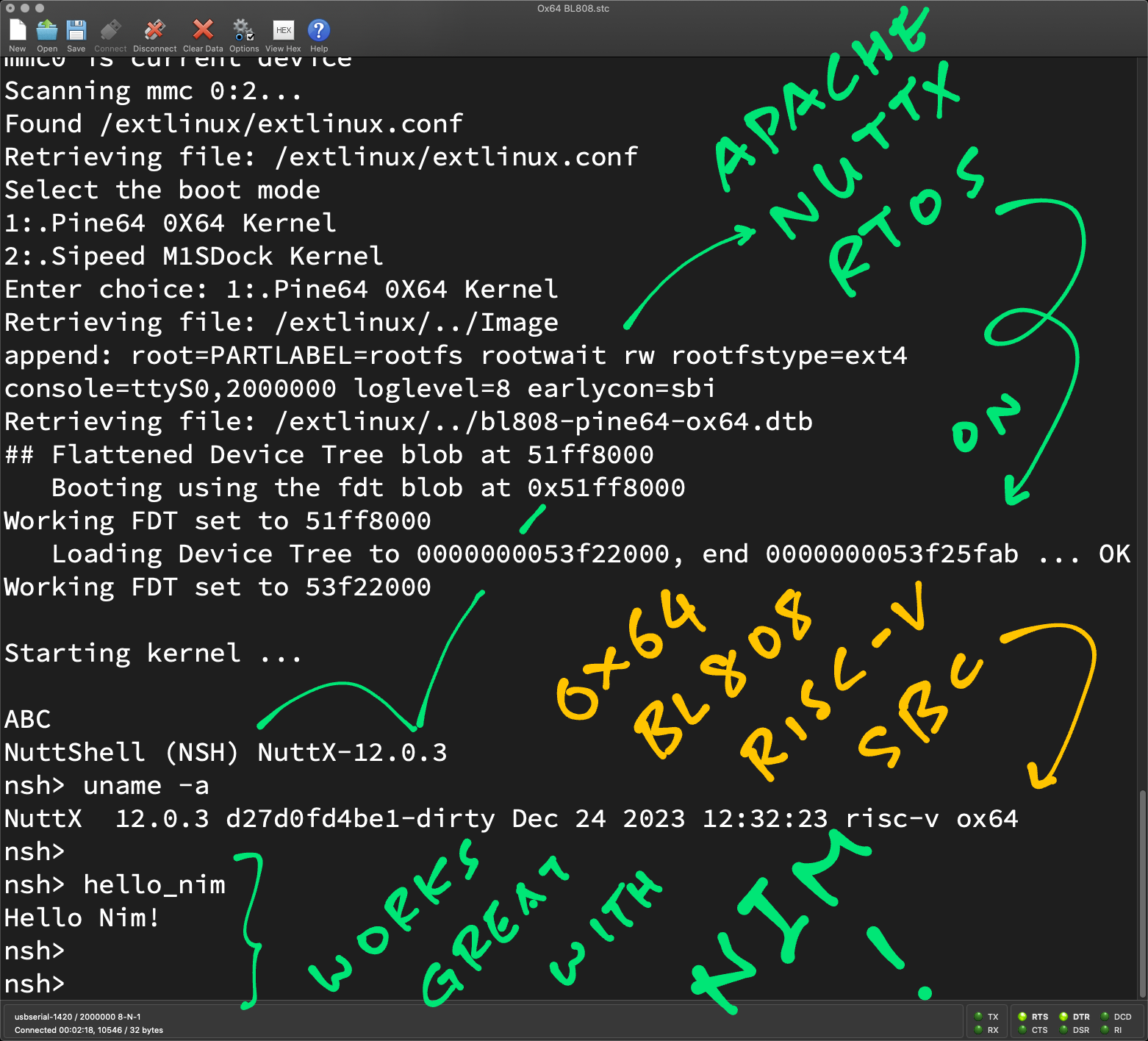 Apache NuttX RTOS on Ox64 BL808 RISC-V SBC: Works great with Nim!