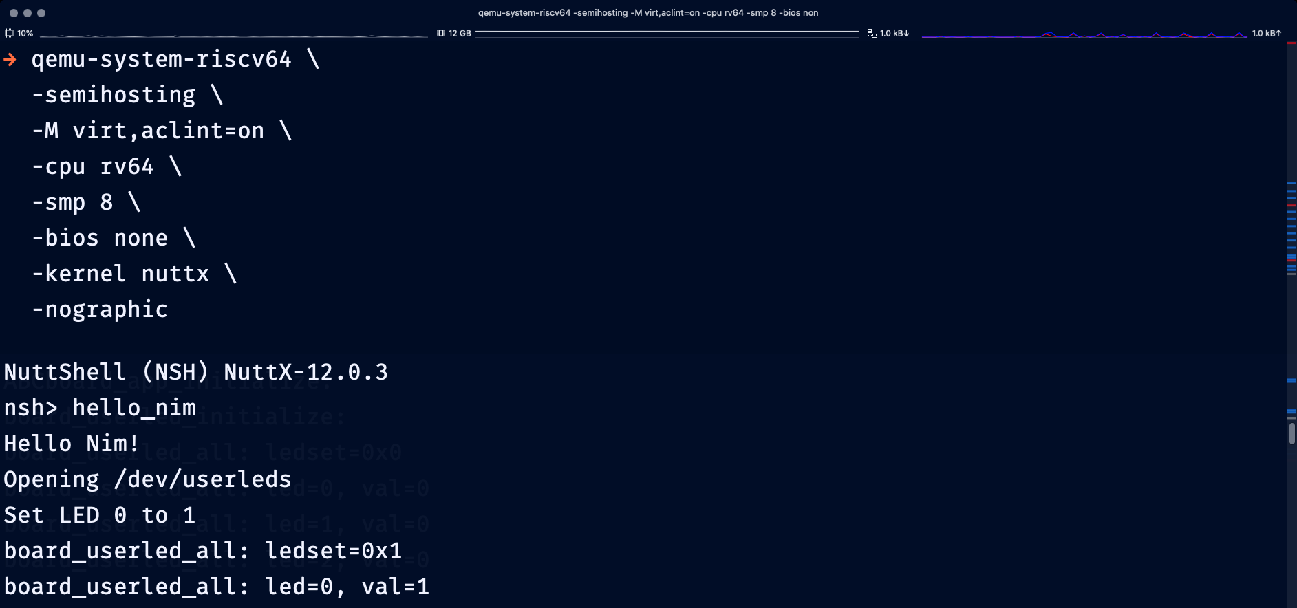 Nim with Apache NuttX RTOS on QEMU RISC-V (64-bit)