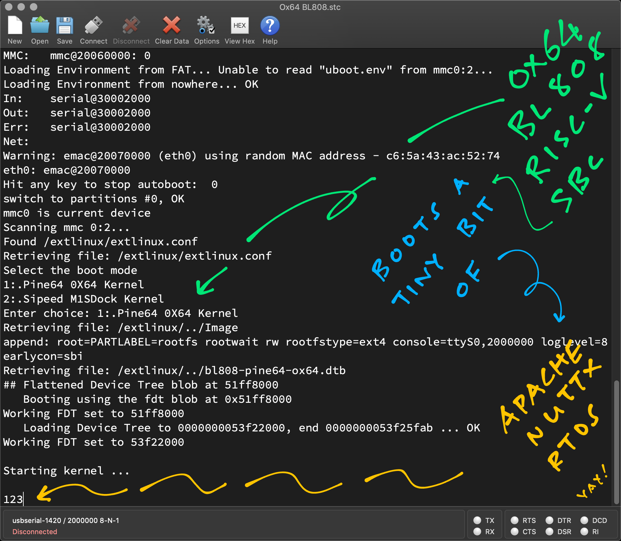 Booting Apache NuttX RTOS on Pine64 Ox64 64-bit RISC-V SBC (Bouffalo Lab BL808)