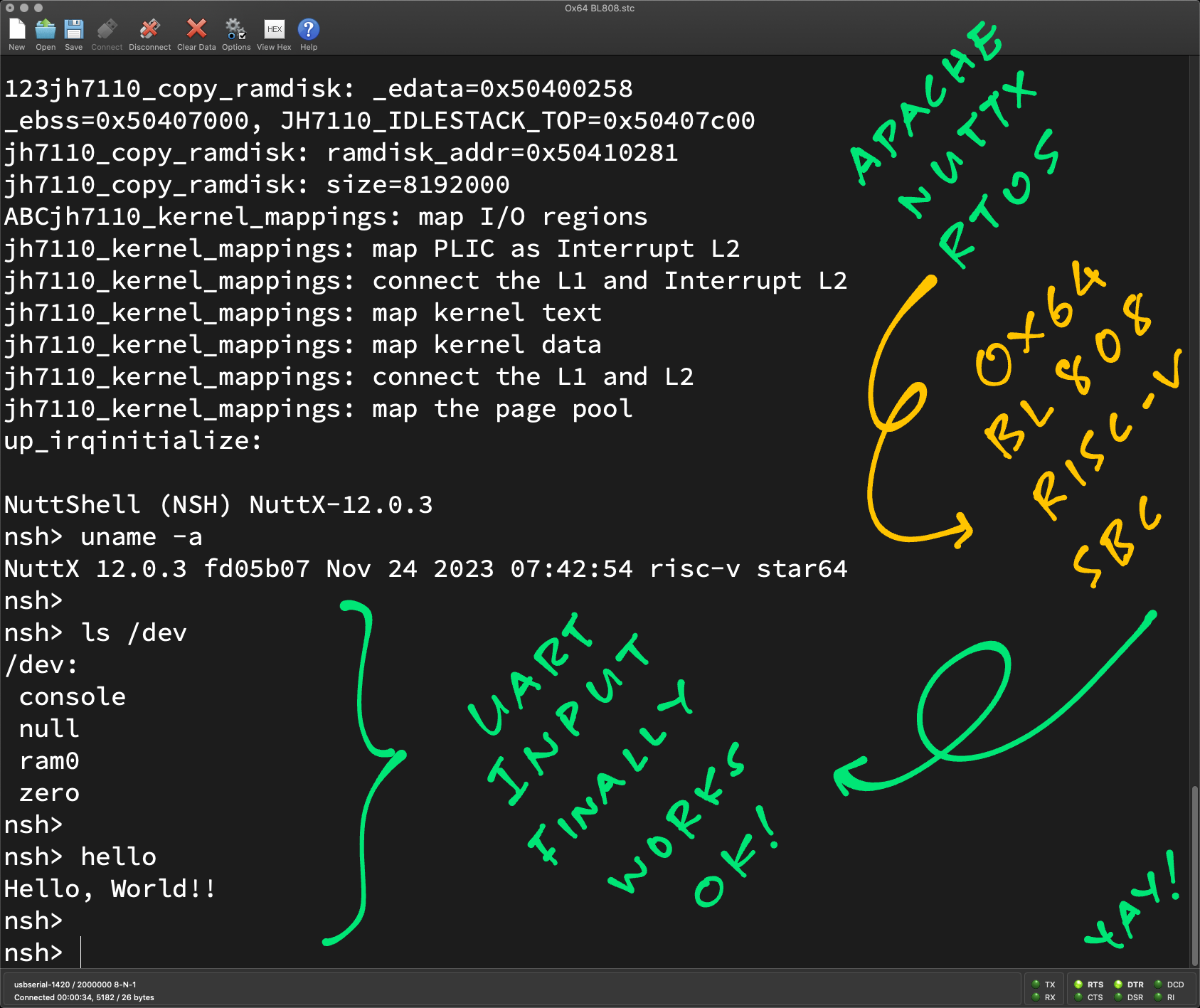 UART Input and Platform-Level Interrupt Controller are finally OK on Apache NuttX RTOS and Ox64 BL808 RISC-V SBC!