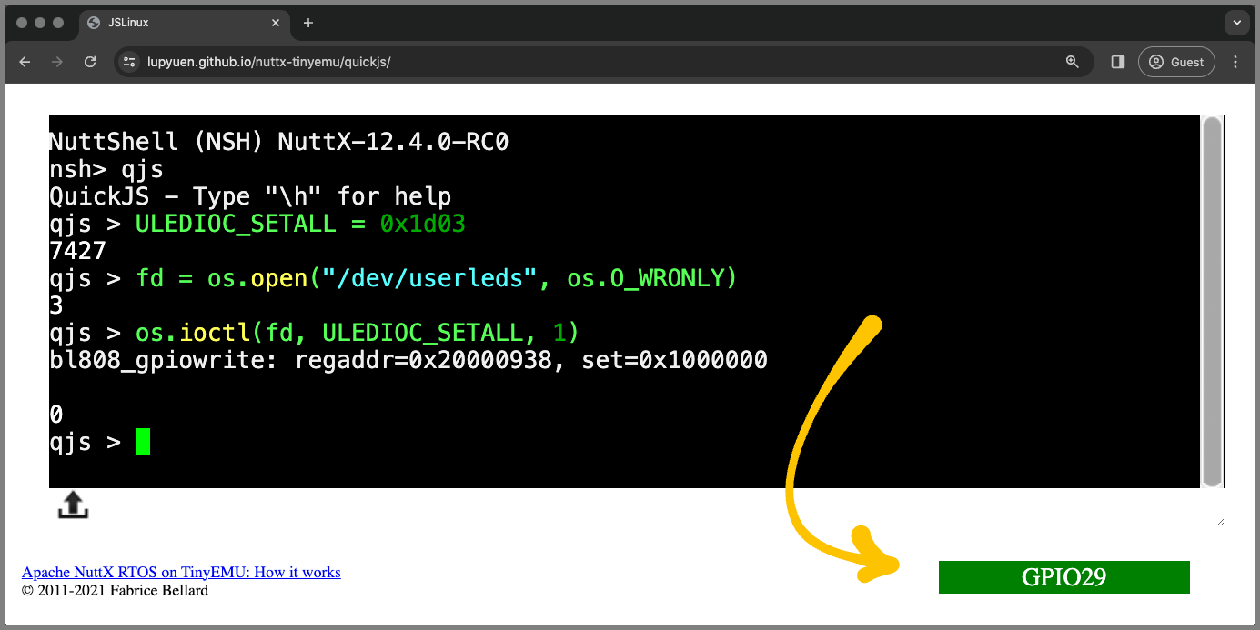 QuickJS JavaScript Engine in Ox64 NuttX Emulator