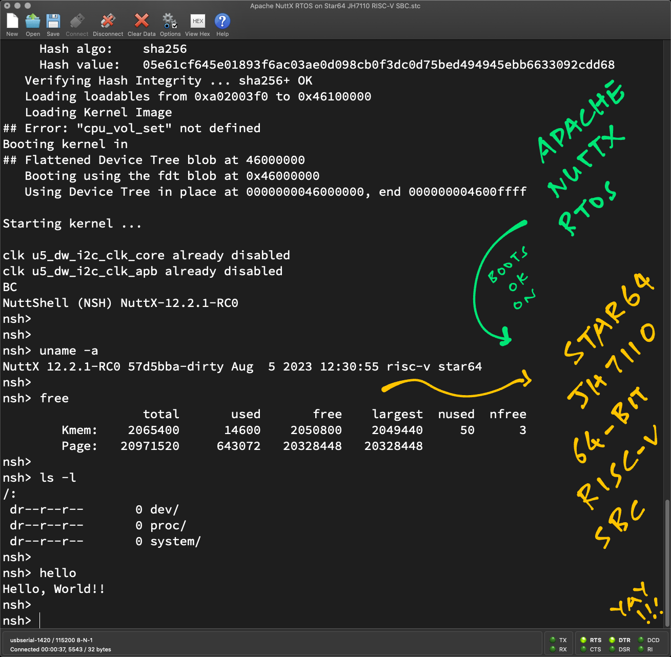 Apache NuttX RTOS boots OK on Star64 JH7110 SBC