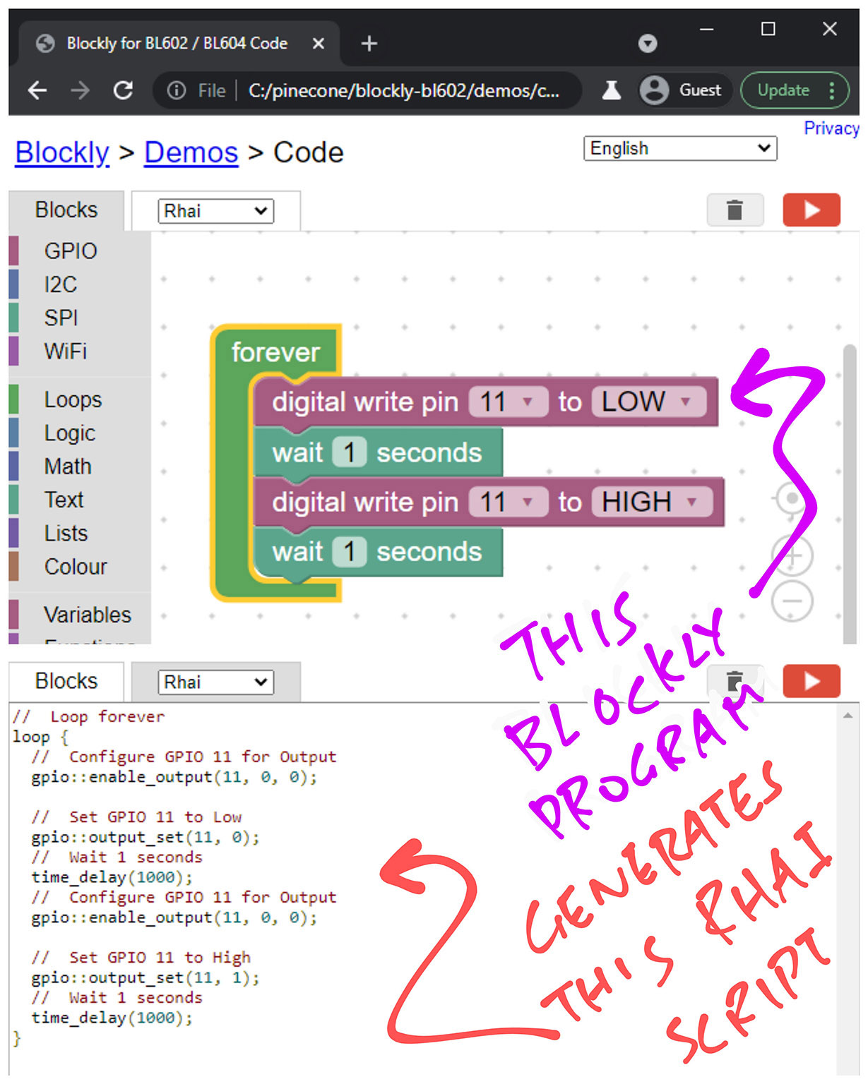 Drag-and-drop scripting with Blockly and Rhai