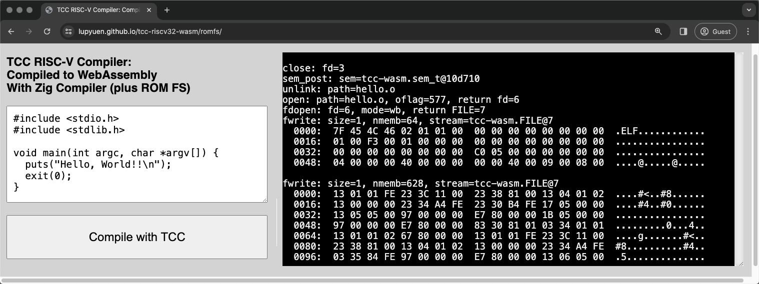 TCC Compiler in WebAssembly with ROM FS