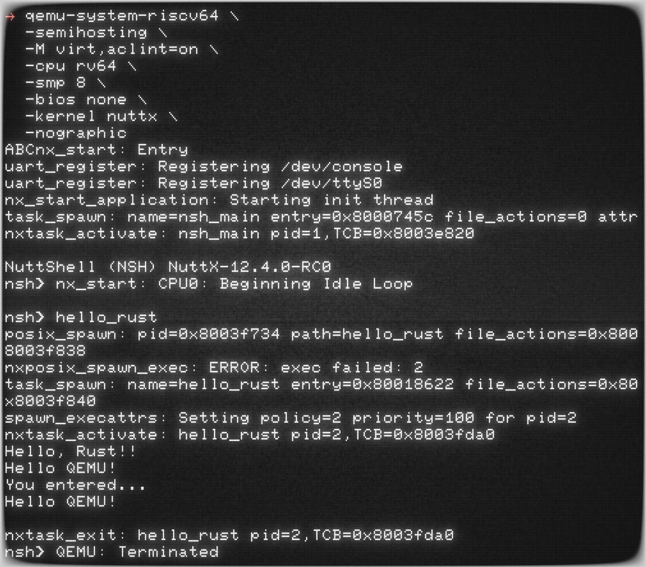 Rust App on QEMU 64-bit RISC-V and Apache NuttX RTOS