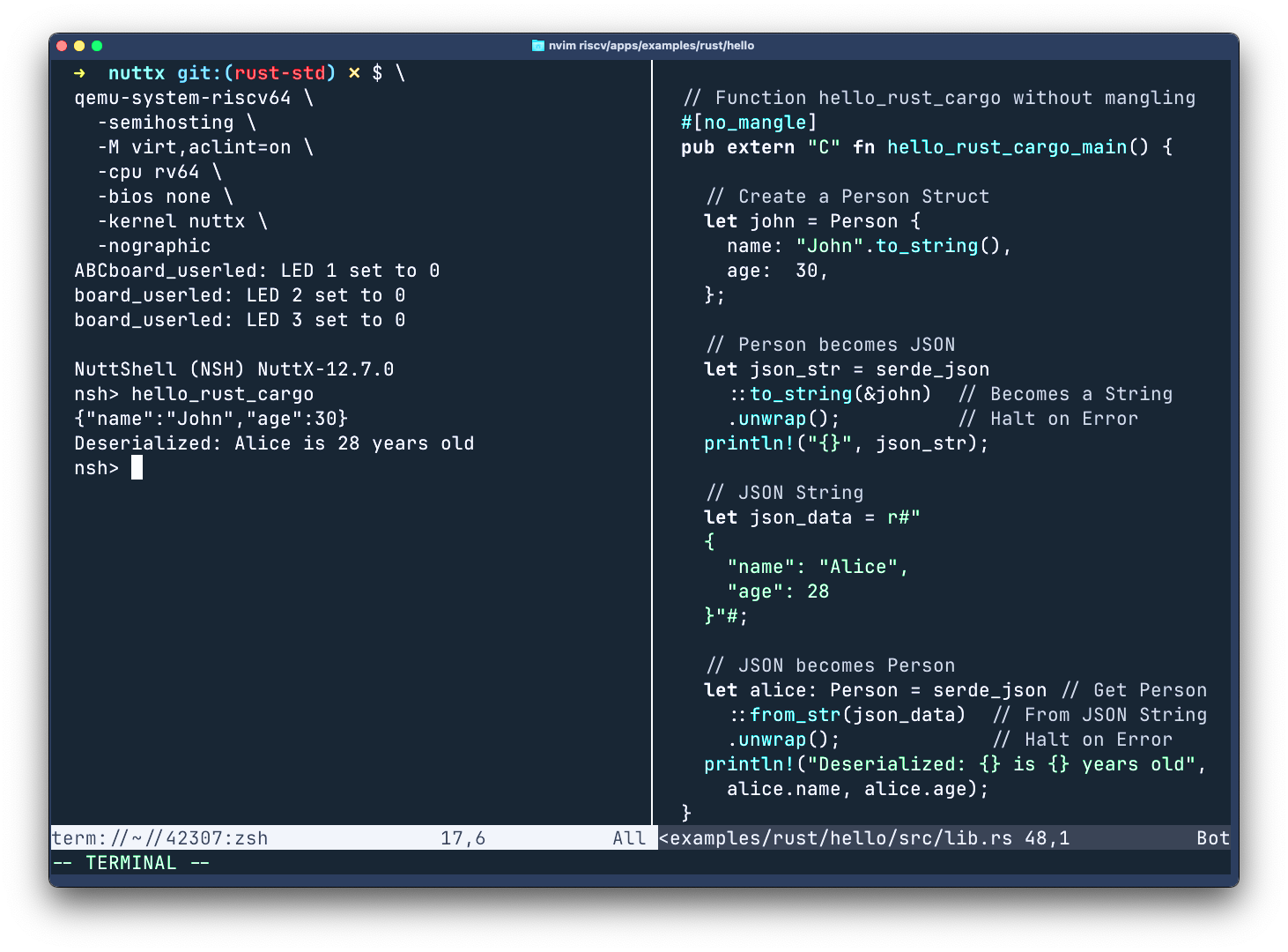 JSON with Serde on Apache NuttX RTOS (Neovim IDE)