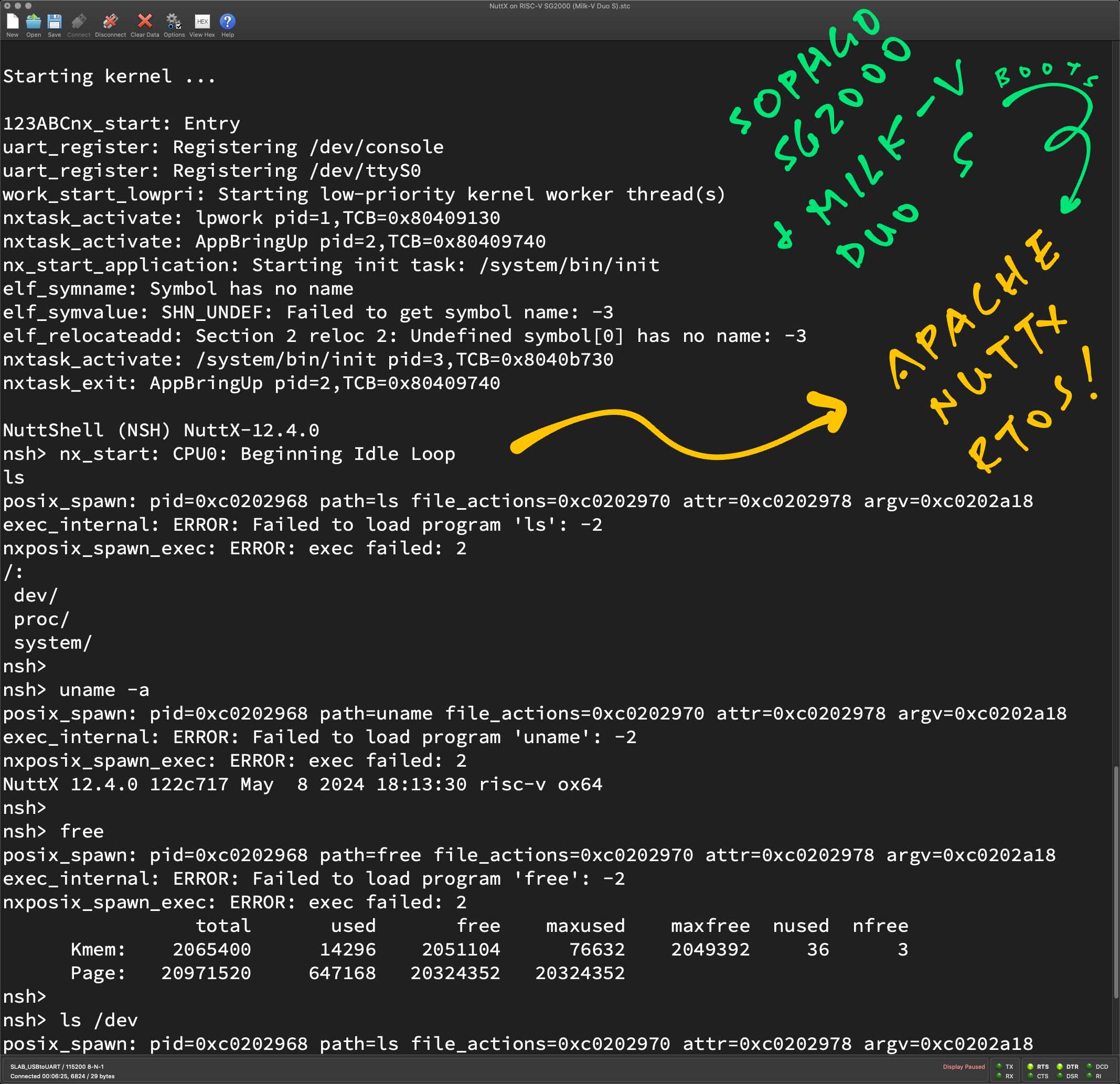 NuttX Kernel boots all the way to NuttX Shell