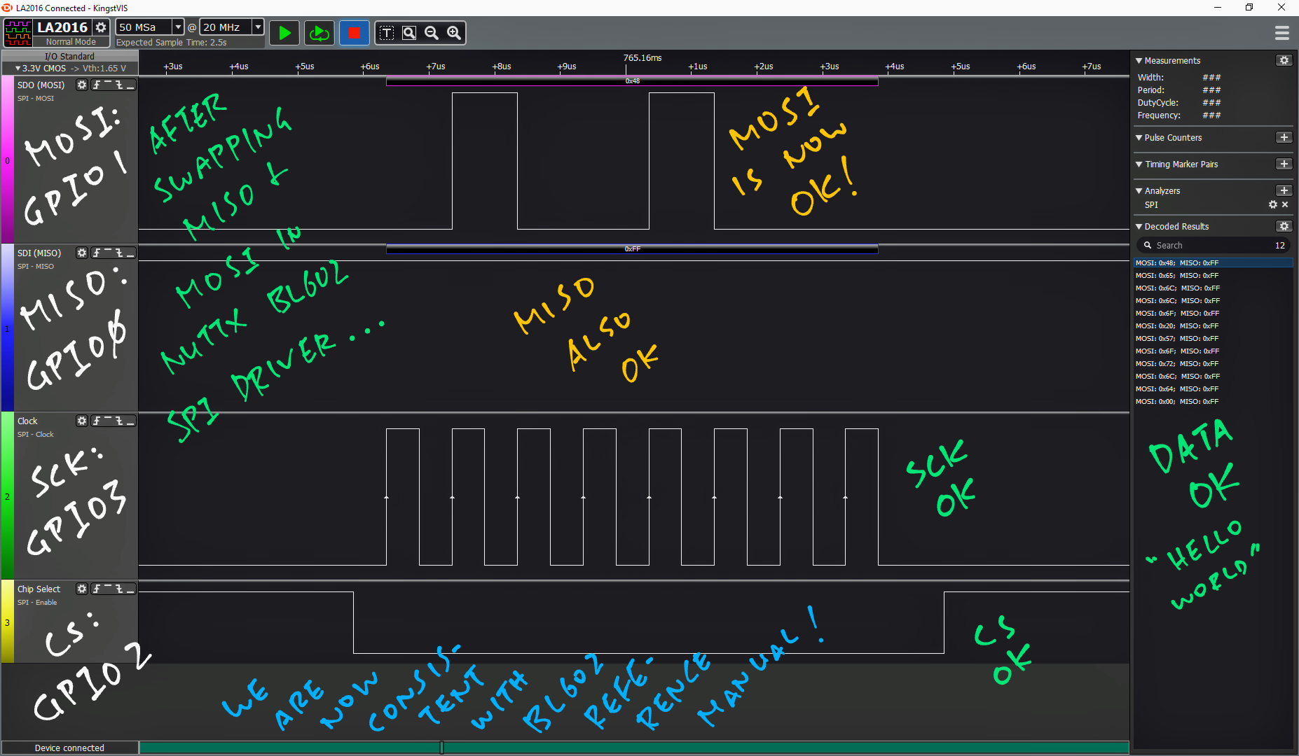 Running spi_test and observing the Logic Analyser