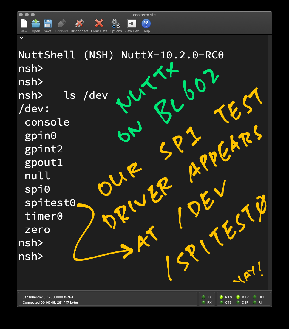 Our SPI Test Driver appears as “/dev/spitest0”