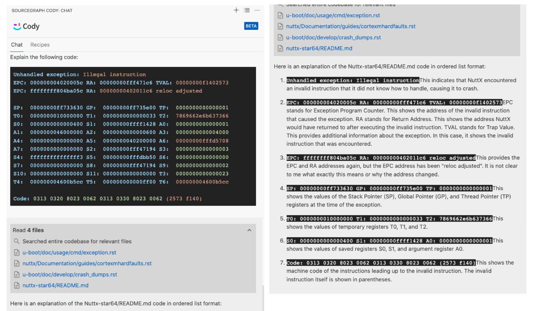 Cody AI Assistant tries to explain our RISC-V Exception