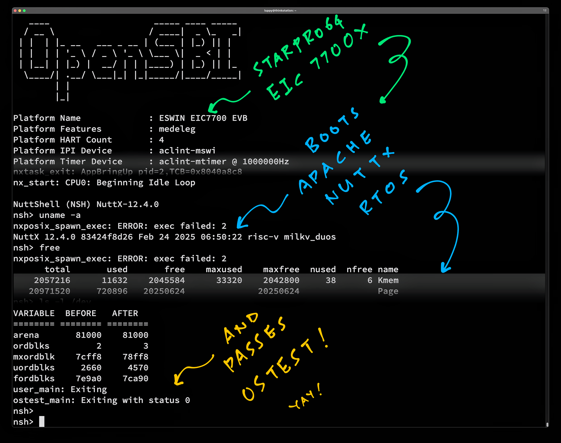 NuttX boots OK on StarPro64 yay!