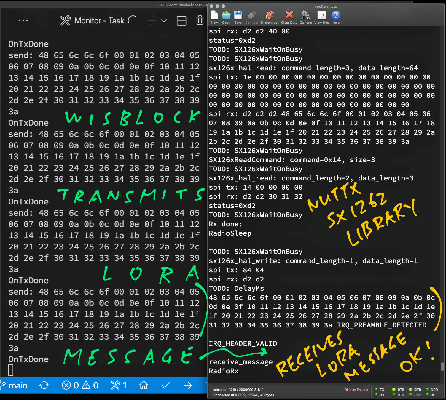 Our SX1262 Library receives a LoRa Message from RAKwireless WisBlock