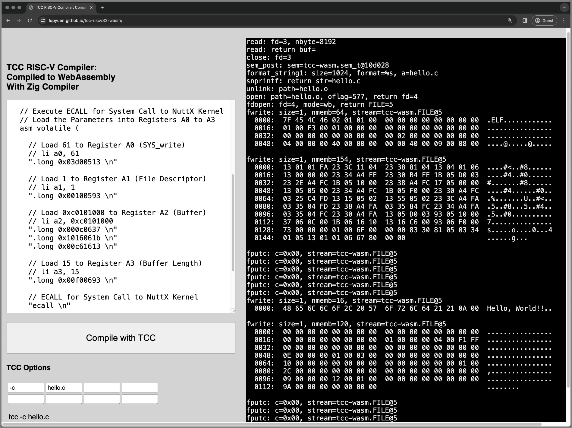 TCC WebAssembly compiles a NuttX System Call