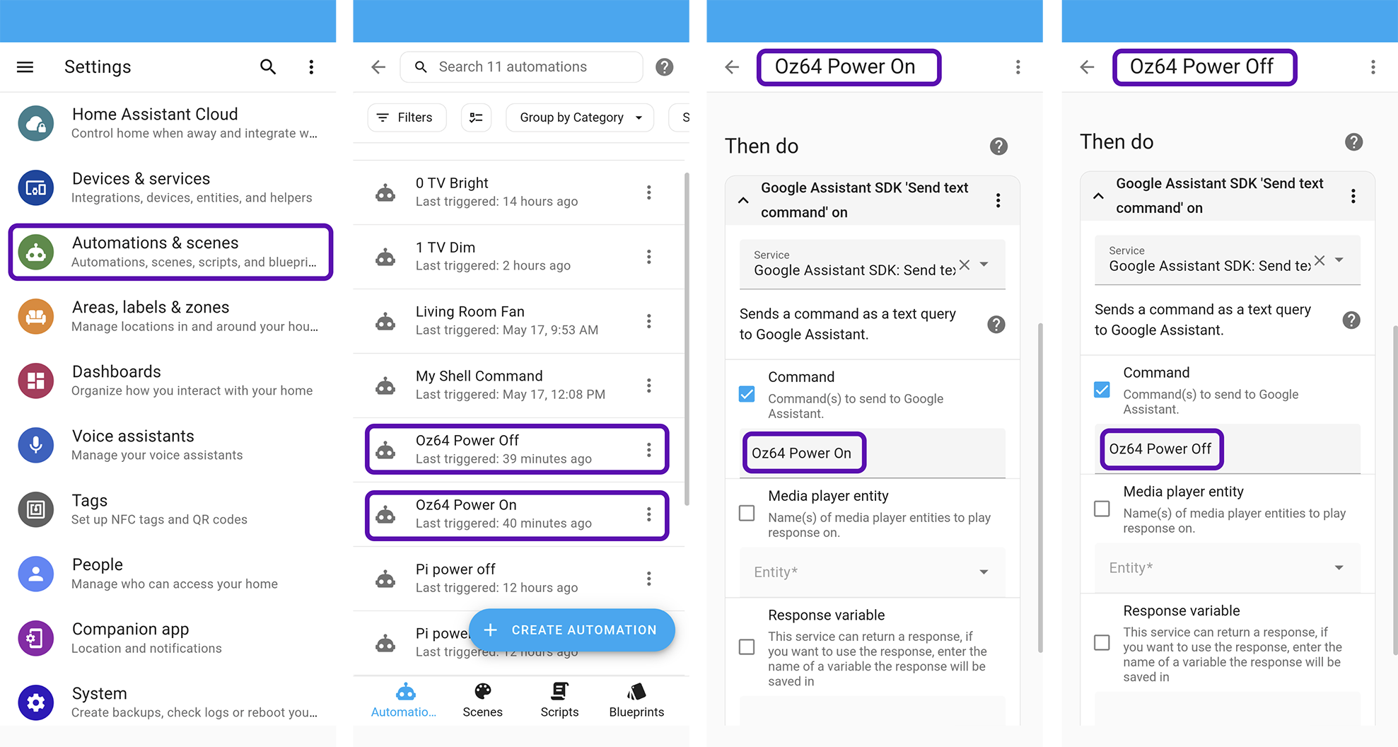 Automations in Home Assistant: Oz64 Power On and Oz64 Power Off