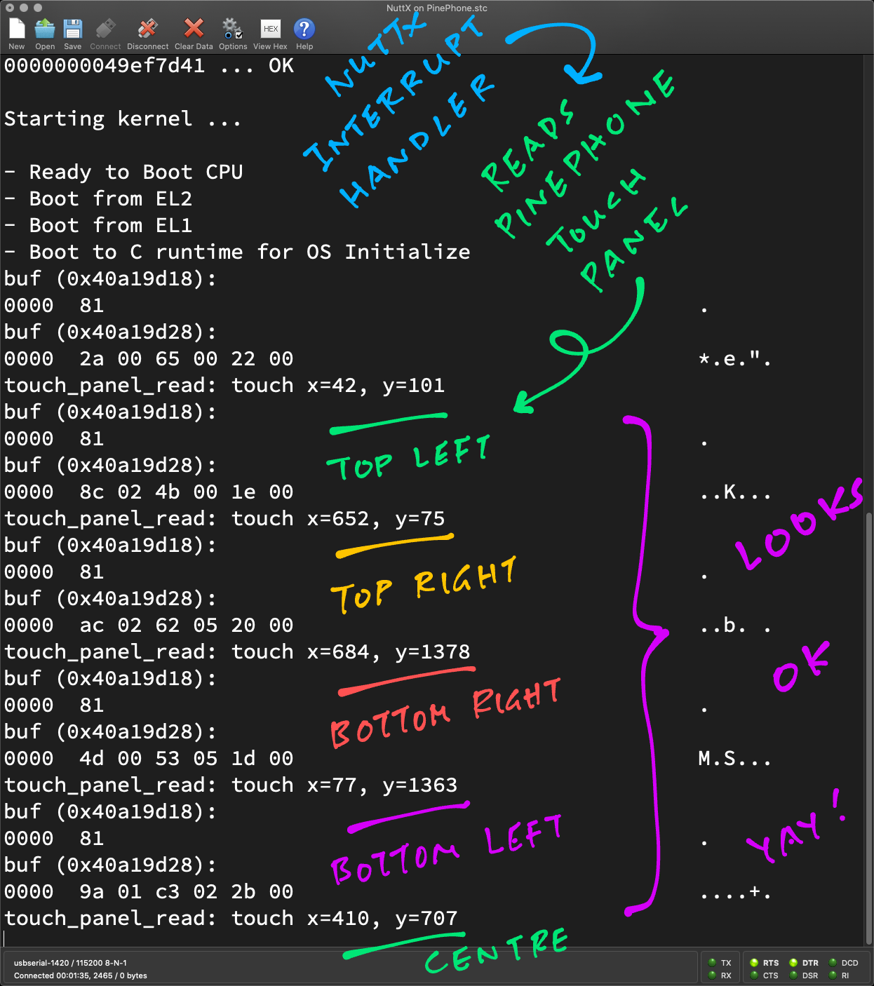 Apache NuttX RTOS reads the PinePhone Touch Panel