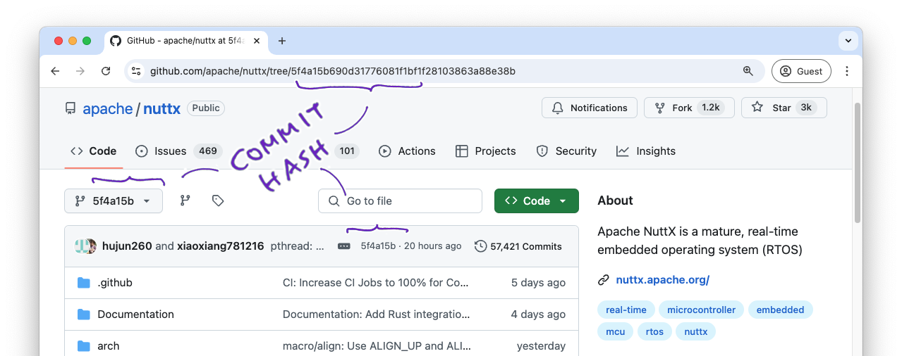 Commit Hash identifies the Exact Commit of NuttX that was used to produce the NuttX Build