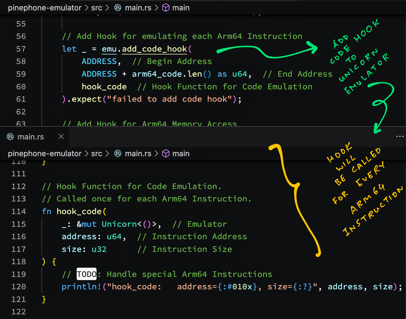 Code Execution Hook for Arm64 Emulation