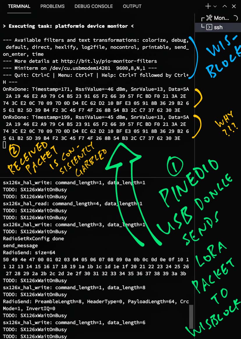 PineDio USB transmits a garbled 64-byte LoRa Message to RAKwireless WisBlock