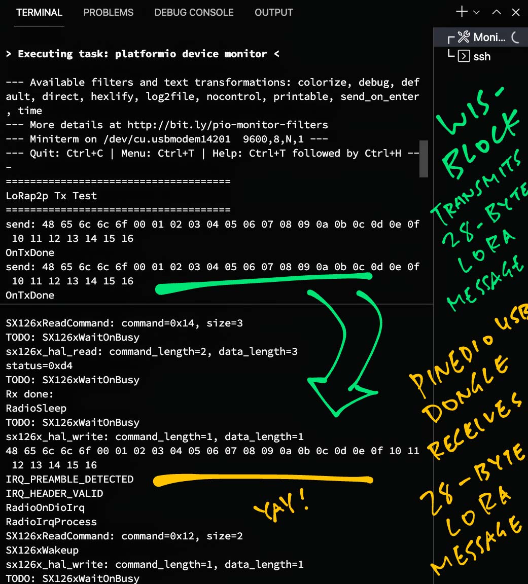 PineDio USB receives a 28-byte LoRa Message from RAKwireless WisBlock