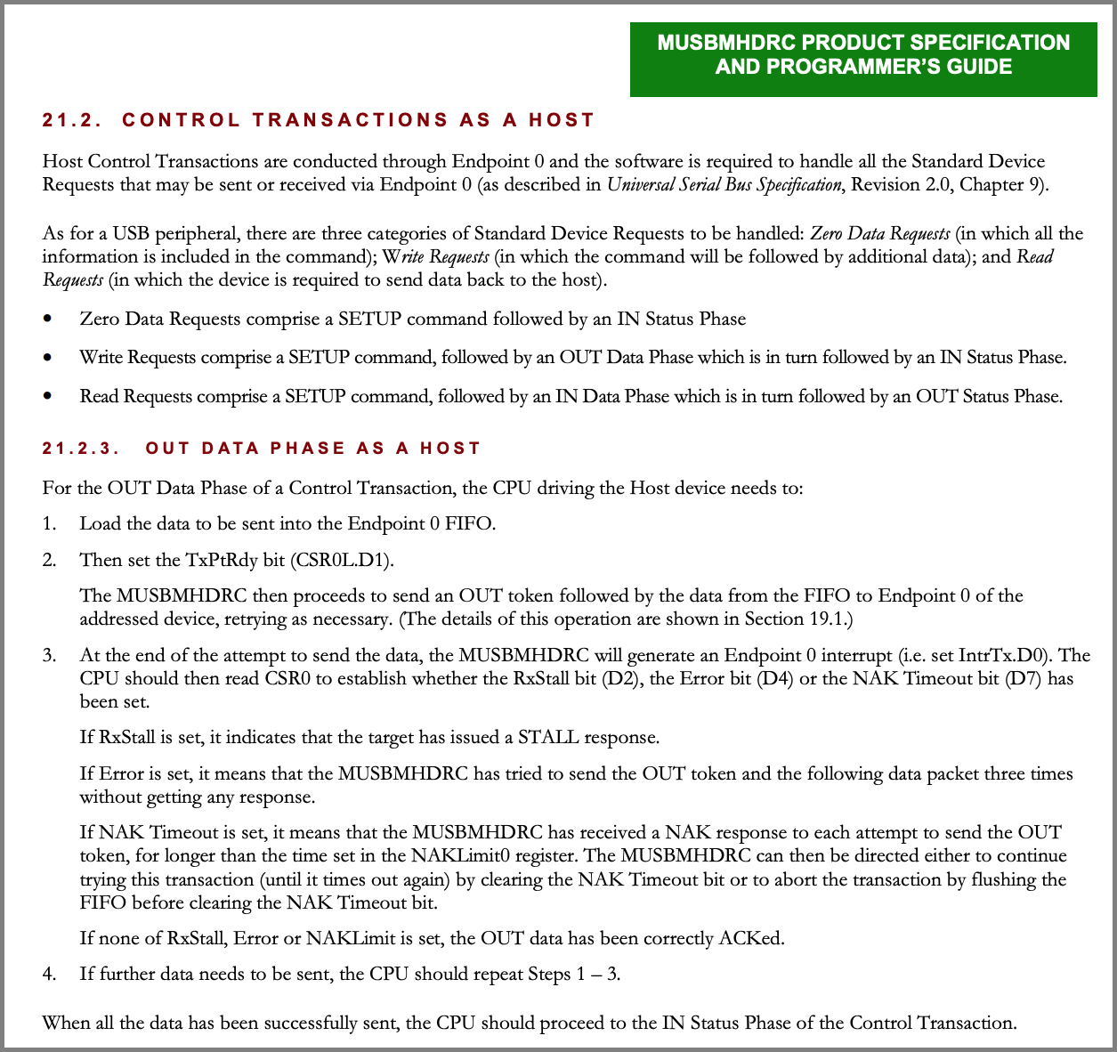 Transmit Control Data as Host in Mentor Graphics USB Controller (Page 126)