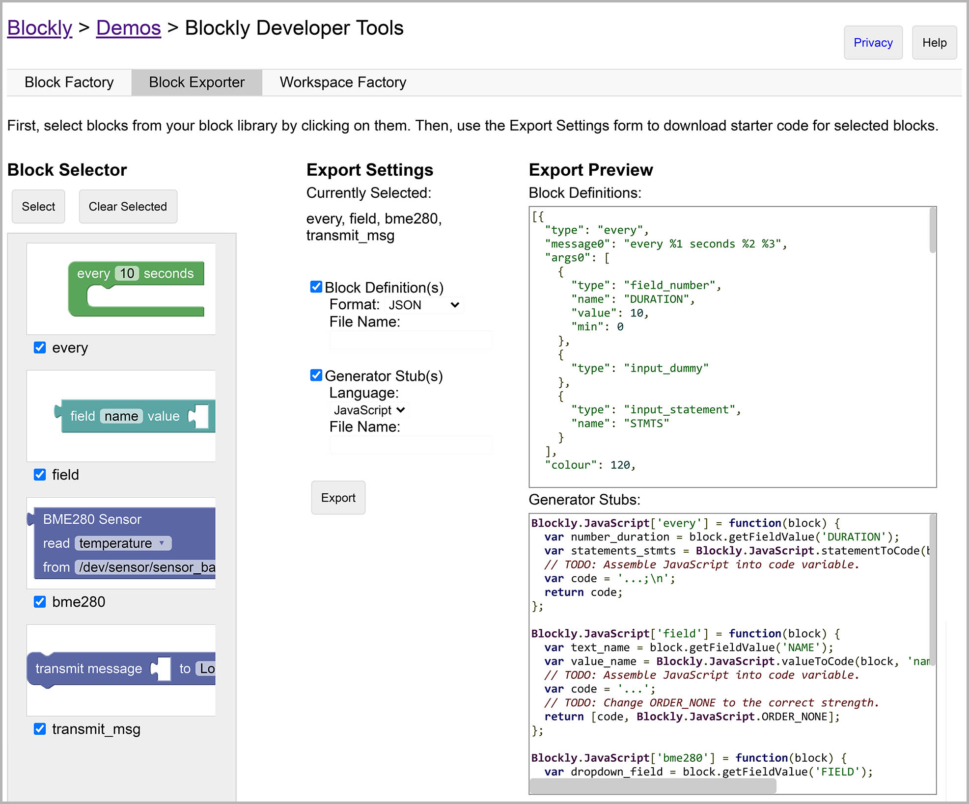 Block Exporter in Blockly Developer Tools