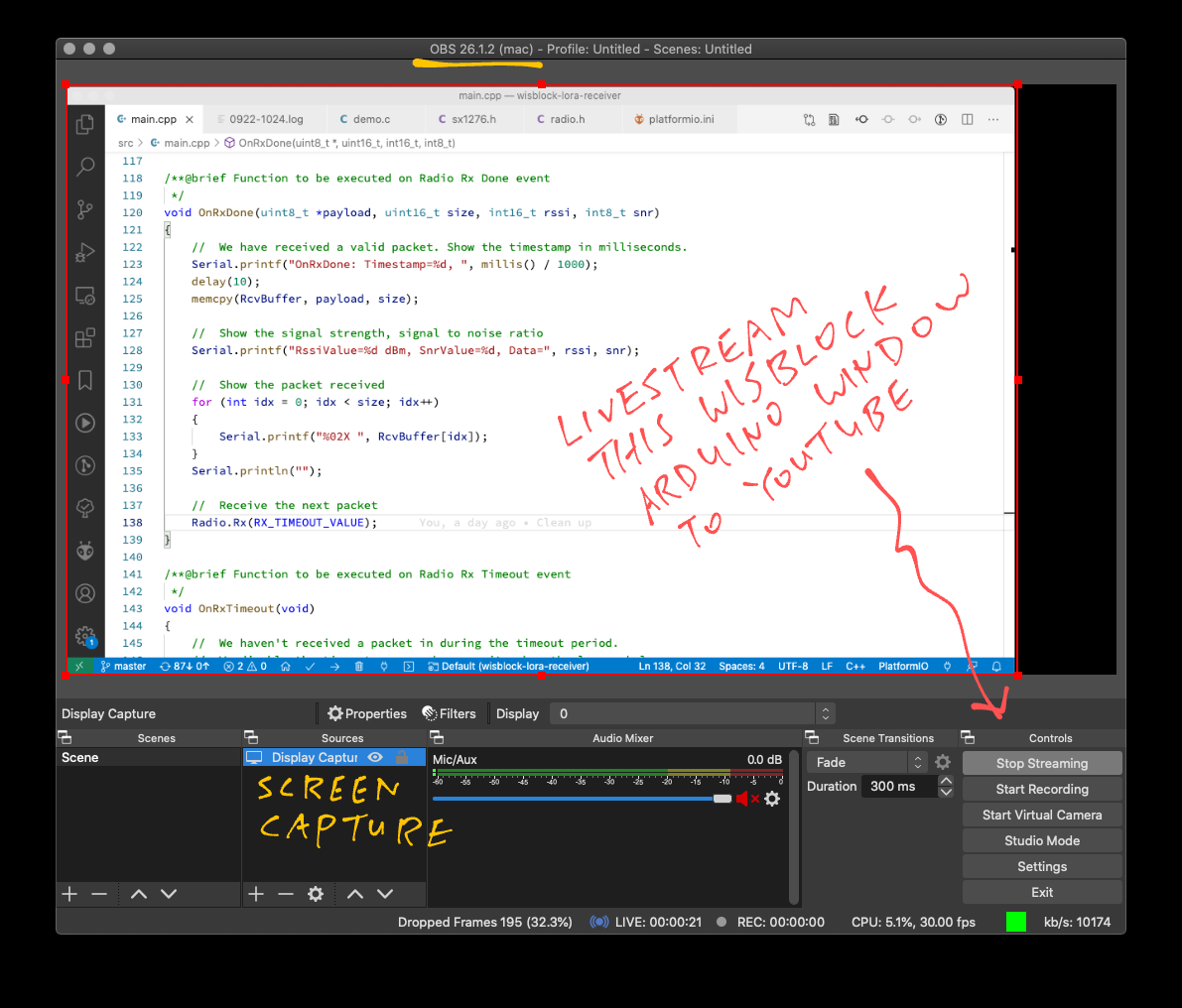 OBS Studio streaming WisBlock Arduino Log to YouTube